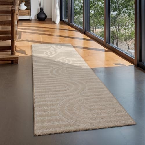 the carpet Loop Teppich Wohnzimmer, Schlafzimmer, moderner Kurzflor, hohe Flordichte und weich, Beige, 80 x 300 cm