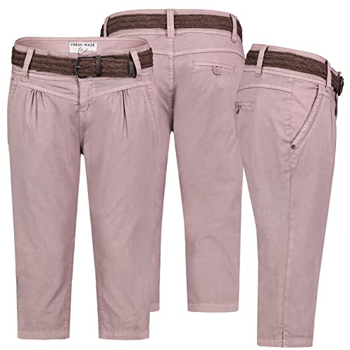 FRESH MADE Damen Short Bermuda 3/4 Hose Sommer Chino Stoff Hose mit Gürtel Capri, Hosengröße:XS / 34, Farbe:Rosa