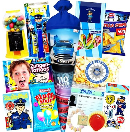 Schultüte Jungen Polizei gefüllt - 70 cm Schultüte groß mit Süßigkeiten & Spielzeug- Zuckertüte mit Polizei Schultüte Füllung - Geschwister Schultüte für den perfekten Schulstart