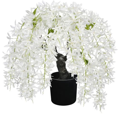 Arborus Artificial Wisteria Flowers Tree 35cm Large Faux Wisteria White Tree in Black Pot Fake Flowers Plants Potted Indoors for Home Kitchen Office Table Desk Decoration