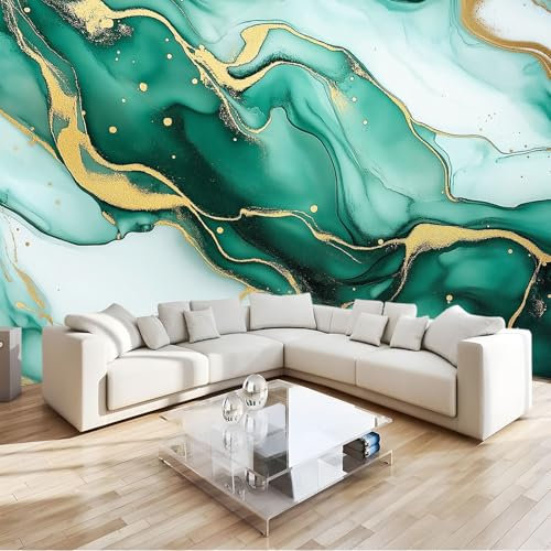 Emerald Green Wall Mural Wallpaper Marble Gold Texture Premium Non-Woven Art Photo Decals, for Home Interiors Kids Bedroom Décor W250 X H175 Cm