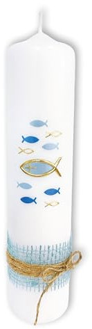 FRITZ COX Taufkerze Einzigartig - Fische, Kreuz und Banderole | Handarbeit aus Deutschland | rosa oder blau (blau, Tischkerze)