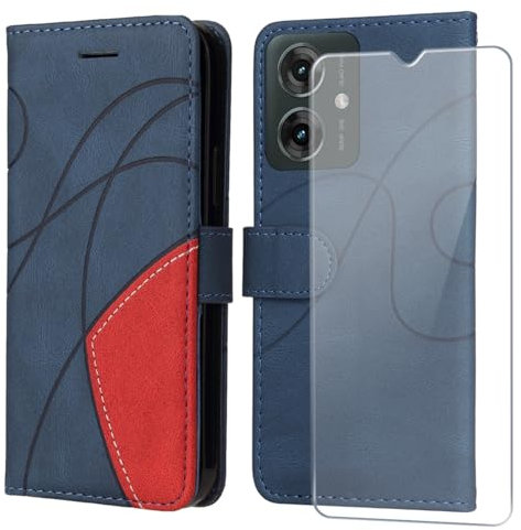 FHSYCR Funda para Motorola Moto G55 5G con 1 Piezas Cristal Templado, Carcasa Cartera de PU Cuero Multifunción Flip Case, [Cierre Magnético] [ Ranura Tarjeta] [Función Soporte]-Azul