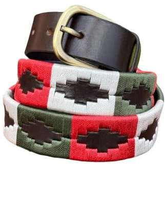 Equipride Argentinien Premium Unisex Ledergürtel mit gesticktem Designer Polo Gürtel rot/grün/weiß, Rot/Grün/Weiß, 28W