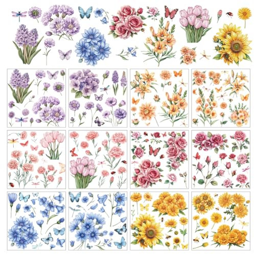 arricraft 12 Blatt Blumen Abziehbilder Zum Aufreiben Zum Basteln Transferaufkleber Mit Blumenzweigen Und Insekten PVC Zum Aufreiben Für Heimwerker Möbel Fenster Holz 14x14cm