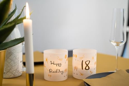 Sovie HORECA Windlicht-Banderole „Happy Birthday 18“ – 12 Stück – stilvolle Banderolen für Kerzengläser, Moderne Tischdeko für den 18. Geburtstag – schnell & einfach anzubringen