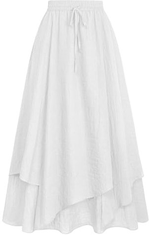 SCARLET DARKNESS Jupe longue Renaissance pour femme - Taille haute - Jupe médiévale irrégulière à double couche avec cordon de serrage, Blanc., L