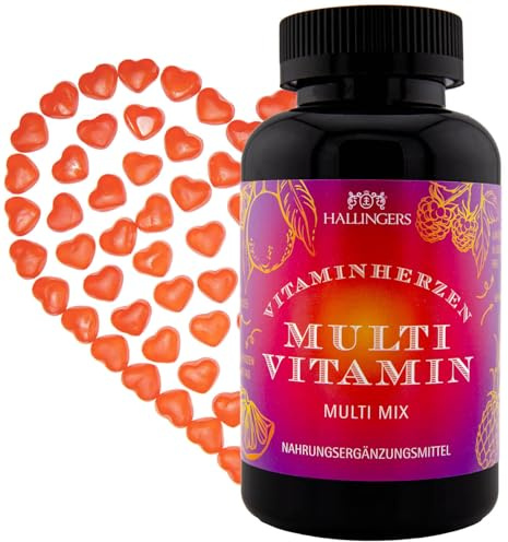 Hallingers Genuss Manufaktur Multivitamin Gummies Geschenk - 120 vegane Vitaminherzen A C D E B6 B12 Folsäure Biotin Panthotensäure Zink Iod Multi Vitamin, Geschenkidee für Frauen Männer