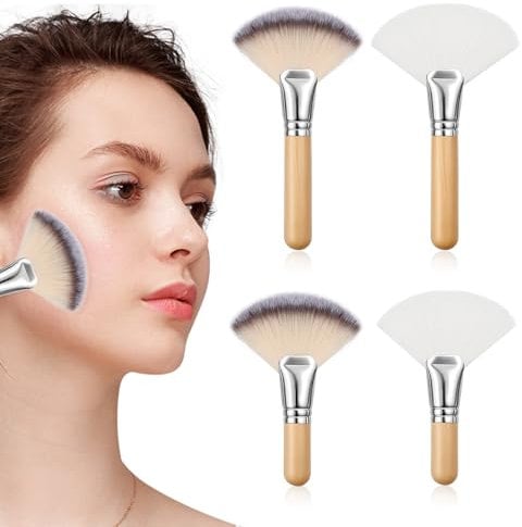 YQQYG 4 PCS Facial Brushes, Fan Brushes for Facials Fan Brush, Fluffy Wooden Handle Professional Makeup Tools, Two Styles