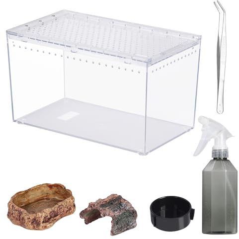 Terrario per rettili in PC, 25,9 x 15 x 14,5 cm, con visuale completa, kit per acquario per insetti, piante, pesci, gechi, ragni, anfibi, recinto con ciotola per l'alimentazione della grotta