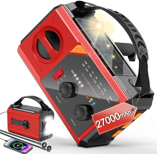 Solar Wind Up Emergency Radio with 27000mAh Power Bank, AM/FM/NOAA Weather Alert, SOS Torch - Portable Survival Kit for Camping & UK Power Cuts (Red)