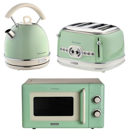 Ariete Vintage Breakfast Set, Retro 4-Slice Toaster with 6 Browning Levels, 2000W Fast-Boil Kettle & 800W Microwave, Green