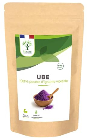 BIOPTIMAL - Ube - Poudre d'Igname Violet - Ingrédient Colorant Alimentaire pour Latte Dessert Pâtisserie Glace - Vegan Sans Gluten Ni Caféine - Contrôlé et Conditionné en France - USDA - 50g