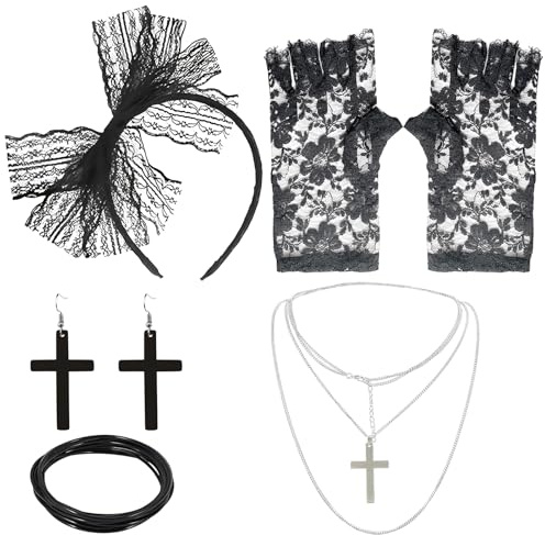 IOHJSA 5 Stücke Damen 80er Jahre Outfit Accessoires, Schwarz 80er Vintage Accessoires, Karneval Accessoiry Enthalten Spitze Stirnband Ohrringe Fischnetz Handschuhe, Halskette Armband für Party