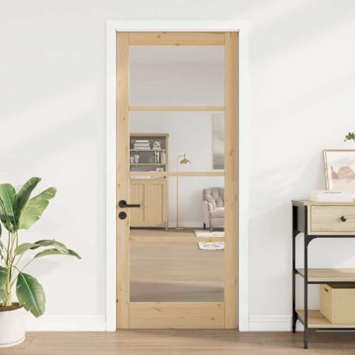 Porte intérieure avec verre ORKDAL marron, 86 x 211 cm, bois de pin massif, plaques de verre transparent, durable, pour l'intérieur
