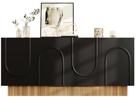 KecDuey Sideboard-Schrank mit 4 Türen,160×75×38cm Kommode,großem Stauraum und klarer U-Form-Struktur – Stilvolle Aufbewahrung für Wohnzimmer & Essbereich, Mehrfachfächer (Schwarz)