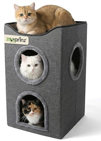 zooprinz katzenhöhle cat cave – kuschelhöhle für Katzen & große Katze, warmes katzenbett beige mit katzenkissen, katzenhaus Indoor als katzenversteck & liegeplatz (Anthrazit, 36 × 36 × 60,5 cm)