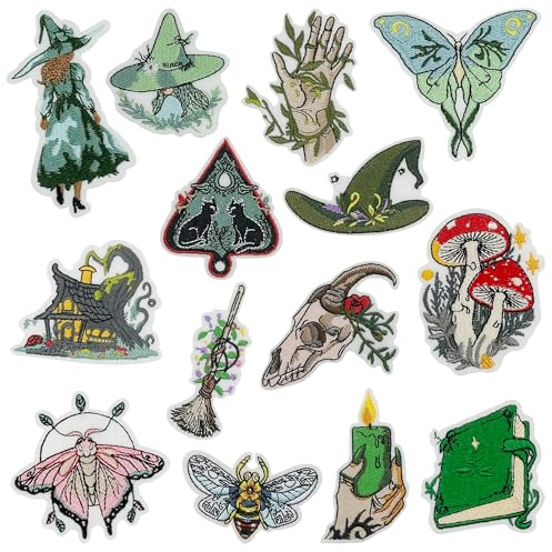 Attuslla 14 PCS Green Style Iron on Patch Forest Witch Embroidered Applique for Clothes Jeans Hat Backpack