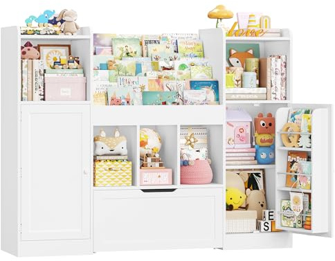 FOREHILL 140cm Breit Kinderregal, Kinderzimmer Möbel, Bücherregal Kinder | Kinderregal mit Boxen auf Rollen, Kindershrank mit 5 Einlegeböden, Spielzeugregal für Kindergarten, 140x108x30cm Weiß