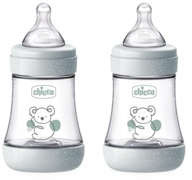 Chicco PERFECT 5, Doppio Biberon Anticolica da 150 ml, Biberon Flusso Lento da 0 Mesi + con Tettarella in Morbido Silicone, Biberon simil seno materno, Biberon anticolica per allattamento misto