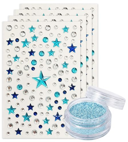 4 Stickers Strass Stellati Blu + 1 Ombrello Glitter Azzurro Lago, Brillantini e Strass Adesivi per Viso, Decorazione DIY per Unghie, Trucco Faccia e Capelli