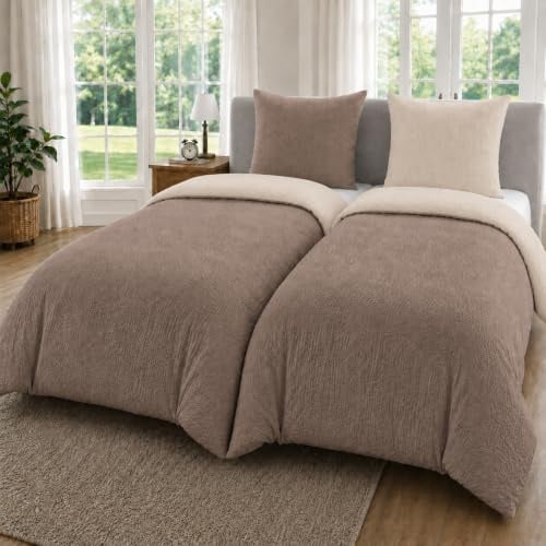 MALIKA 4-teilige Seersucker Bettwäsche 135x200 – Mikrofaser Oeko-TEX, 2 Bettbezüge 135x200 & 2 Kissenbezüge 80x80, Reißverschluss, weich & bügelfrei – Beige-Taupe
