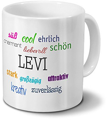 printplanet Tasse mit Namen Levi - Positive Eigenschaften von Levi - Namenstasse, Kaffeebecher, Mug, Becher, Kaffeetasse - Farbe Weiß