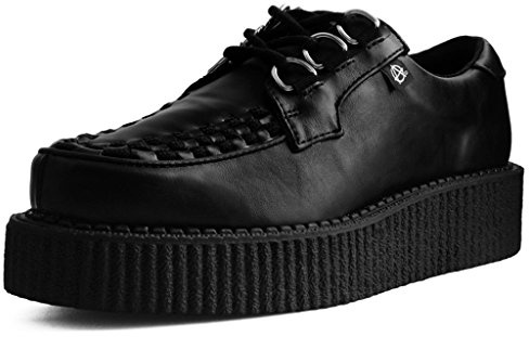 T.U.K. Anarchic Creeper Shoes for Women and Men, Black Faux Leather, Round Toe, Woven Interlace, 3 D-Ring Lace-Up, Twill Lining, Foam Insole, Low Platform, Classic Style, US Women 8 / Men 6