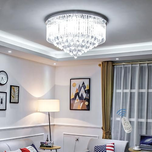 6001 Modern Genuine K9 Crystal LED Round Flush Ceiling Light Chandelier Dimmable + Remote Ctrl + Bluetooth Speakers (80cm)