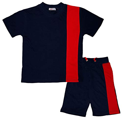 A2Z 4 Kids Boys T-Shirt Shorts Set 100% Cotton Contrast Panel Matching Top Bottom - Shorts Set 476 Navy 5-6