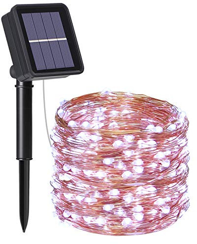 flintronic Guirnalda de Luces Solares, 1Pcs Luces Jardín (8 Modos) 120LED 12M/39ft Auto Encendido/Apagado Alambre de Cobre, Luz Decorativa Impermeable para Navidad, Fiesta, Jardín (Blanco frio)