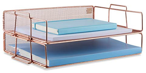 Mindspace 2 Tier Stackable Letter Tray Desk Organizer | Stackable Paper Tray Organizer | The Mesh Collection, Rose Gold