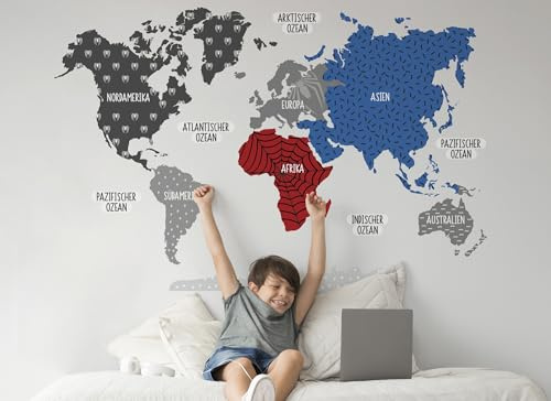 Osomhome Wandtattoo Weltkarte Superheld Pastellfarben (160x100cm) | World Map Wall Decoration Wandsticker | Deco Kinderzimmer Junge & Mädchen | Wandaufkleber Wandbild Kinderbilder Wandtattoo os5065