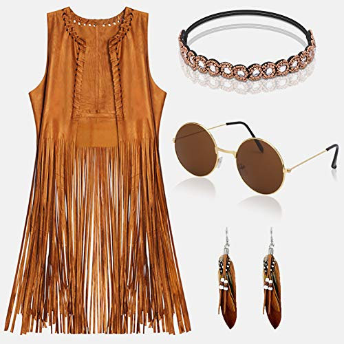 YADODO Hippie Kostüm Damen Set Fransen ärmellos Weste Hippie Kleidung 60er 70er Jahre Bekleidung Damen Mädchen Disco Outfit Cowgirl Kostüm Braun Weste Bolero Karneval Faschingskostüme Frauen (L)