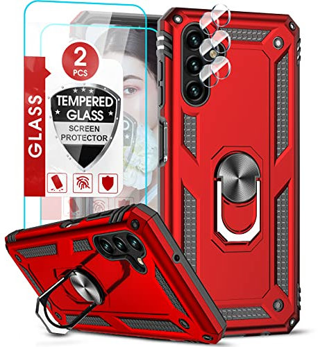LeYi Hülle für Samsung Galaxy A13 5G/A04S/M13 5G/A04 Handyhalterung Rüstung Schutzhülle mit 2 Displayschutz & 2 kameraschutz, 360 Grad Ringhalter Case Protective Handyhülle Handy Hüllen Rot