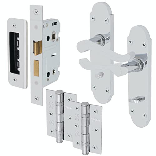 EAI Polished Chrome Bathroom Door Handle Set - Victoria Scroll Shaped | 1 Pair of Internal Handles with Hinges (76mm) & Lock (64mm)