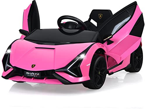 COSTWAY Macchina Elettrica Lamborghini per Bambini da 12V, Veicolo Elettrico Cavalcabile con Luci LED MP3 Telecomando, Fino a 5km/h, +3 Anni (Rosa)