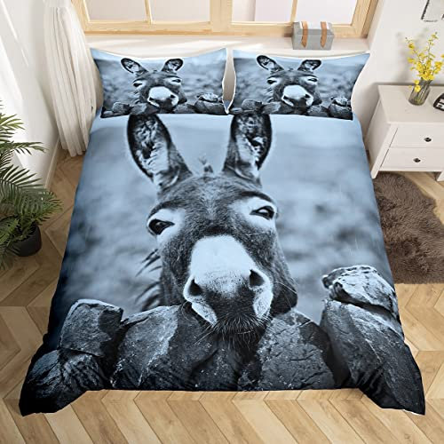 Lustiges Esel-Bettwäsche-Set, Super-King-Size-Bett, Bauernhoftier-Bettbezug, grau, Retro-Esel, Bettbezug für Kinder, Jungen, Teenager, Erwachsene, Herren, Schlafzimmer, weiche Mikrofaser, Tagesdecke