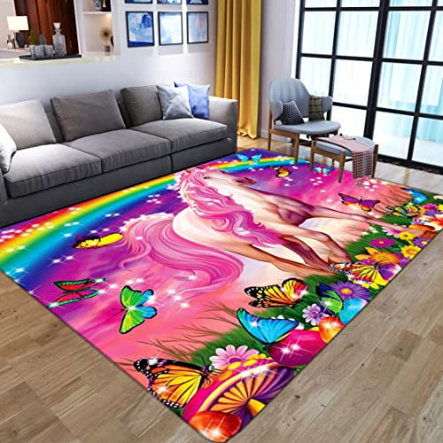 Einhorn 3D Gedruckter Teppich Cartoon Regenbogen Schmetterling Sternmuster Wohnzimmer Schlafzimmer Anti Rutsch Carpet Kinder Mädchen Jungen Zimmer Spielen Krabbeln Fußmatten (120x160 cm, Rosa)