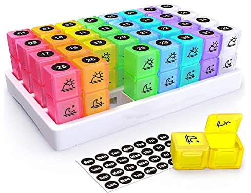 Tablettenbox Monat Morgens Abends, 31 Tage Pillendose Große Fächer Medikamentenbox Tragbare Täglich Einzeln Pillenbox, 32 Fächer für Medikamente, Vitamin, Fischöl