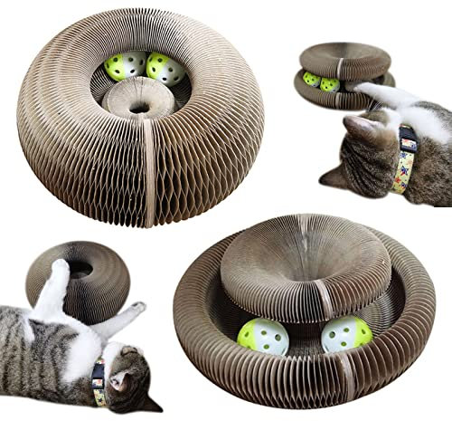 Kratzmatten Spielzeug, Zusammenklappbar und Tragbar Kratzbrett für Katzen, Akkordeon Struktur Kratzbaum mit Glocken Ball Spielzeug (2pcs)