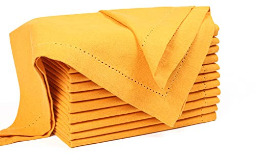 Palisa Stoffservietten mit Hohlsaum-Details und gehrten Ecken, 45,7 x 45,7 cm, Senfgelb, Baumwolle, wiederverwendbar, perfekt für Hochzeiten und den täglichen Gebrauch, 12 Stück
