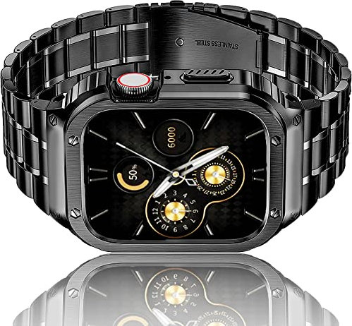 HASLFM Armband Kompatibel mit Apple Watch Armband Serie 9 SE 8 7 6 5 4 3 2 1(38/40/41mm), Robustes Edelstahl Metall Ersatz Armband mit Gehäuse Cover für iWatch 38/40/41mm für Männer, Schwarz
