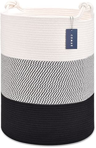 COMSE Extra Large Blanket Basket, Tall Woven Storage Basket, Nursery Hamper, 40 x 55 CM, Cotton Rope Laundry Hamper for Toys Clothes Towels, White/Gray/Black