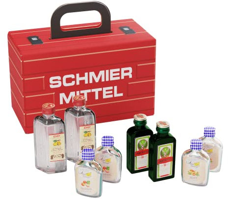 Schmiermittel Alkohol-Geschenk für Männer und Frauen, Geschenkidee im Werkzeugkoffer, 8 Spirituosen, verschiedene Geschmacksrichtungen, Koffer, Werkzeug, Schnaps, Likör, Jägermeister, Marille, Willi
