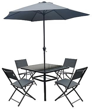 Generico Set tavolo da giardino con ombrellone e 4 sedie grigio Arredo giardino