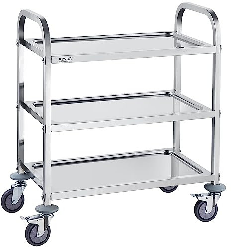 VEVOR Laborwagen Gerätewagen Medizintechnik Servierwagen 201 Edelstahl Tragbar Abräumwagen 181 kg Tragfähigkeit, 740 x 396 x 860 mm Labor Rollwagen Medical Trolley Dreifach-Design Silber