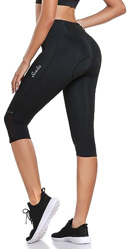 Santic Damen Radhose mit gepolstertem Fahrrad 3/4 Capri Radhose mit Taschen, Black-5172, X-Klein