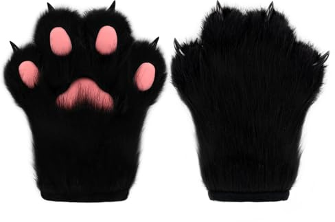 hbbhml Kunstpelz Plüsch pelzige Katze Kralle Handschuhe Fursuit Tier Fuchs Pfoten Fäustlinge Halloween Kostüm Zubehör für Erwachsene