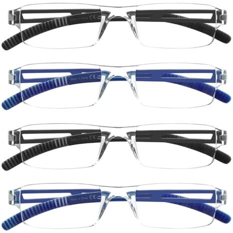 COJWIS 4er-Pack Rahmenlose Lesebrille für Damen und Herren Leicht und Bequem Anti Blaulicht Lesehilfe /TR90 Brille (2 Schwarz 2 Blau, 1.50, multiplier_x)